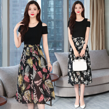 何媛のワンピスの女性ギルコゼミ2019夏の半袖の新制品の韩国版は腰が见せやせの中に长いスタルが流行しています。A字の半身のスカウトの白黒の大きな花Mは85-105斤の服を着ていると提案しています。