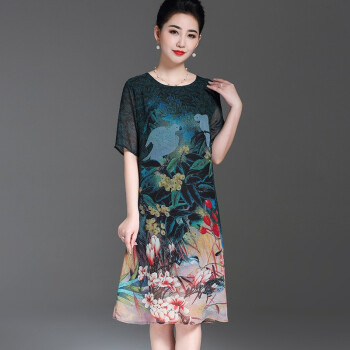 女性のシルピス2019春夏新商品プリンスト・ヴィンテージの高贵ブロードンのお母さんはドレスを着ています。テ-トはやせって、ファ§ショのです。中国风の桑蚕糸のワンピスの女性グリン2 XLは125斤-140斤を提案しています。