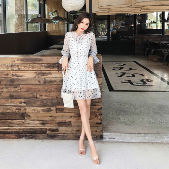 miss nitaly香港フュージョンの波点ワンピース春夏2019 NEW女性服の韩国版の甘いネットの糸の复古的な腰のレ—スの透かれ彫刻の短いタタリプロの台型のスカウトの白い波点M