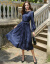 VOA婦人服の重さはシクのワンピスです。紺と青と白の38 mの丸首提灯の長袖ベルトに網の糸を合わせて刺しゅうしたスカトです。AJX 01501の紺の青と白（105）165/L