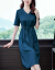 安煩の泡の純色のシクのワンピス女性2020夏新品の桑蚕糸韓国版Vネック半袖のストラプが腰に縮みが現われる。