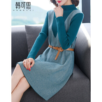 【ベスト商品】韓国可思尼のワンピース女性2020秋冬NEW女性韓国版はウエストが細く見える中、ロングスタイルのファッションスタイルを採用しています。偽のセーター2枚は、スカートが潮で青で正確なサイズを撮影しています。