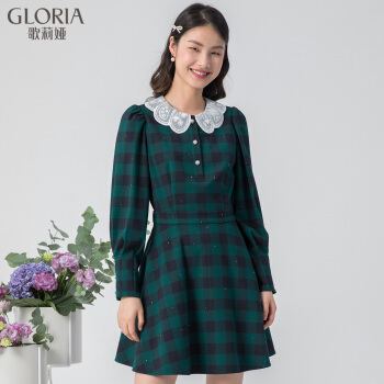 Gloria/歌莉亚2020年冬新作ベビネット羊の袖ワンピス10 SR 4 K 780 C绿黒格M